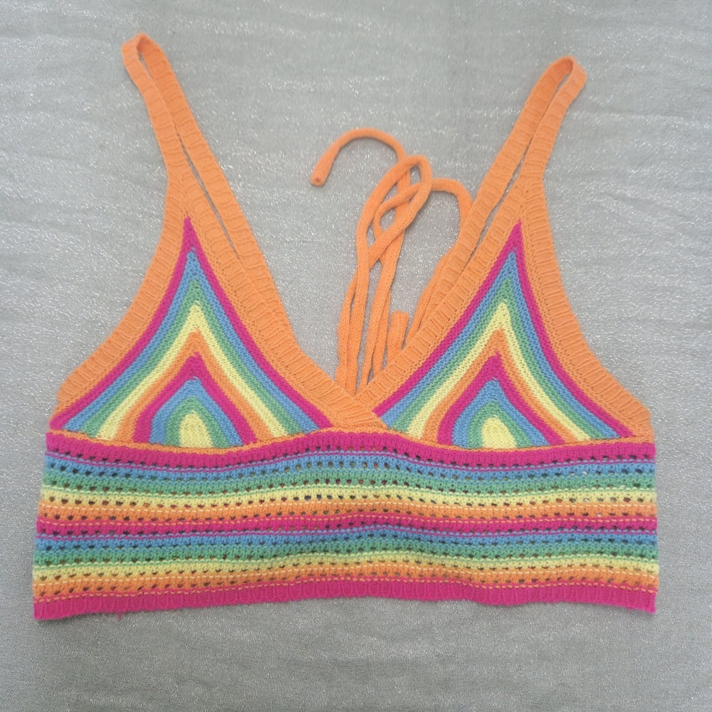 Rainbow Crochet Crop Top Lace Up Back Festival Bralette Multicolor Pride Chevron